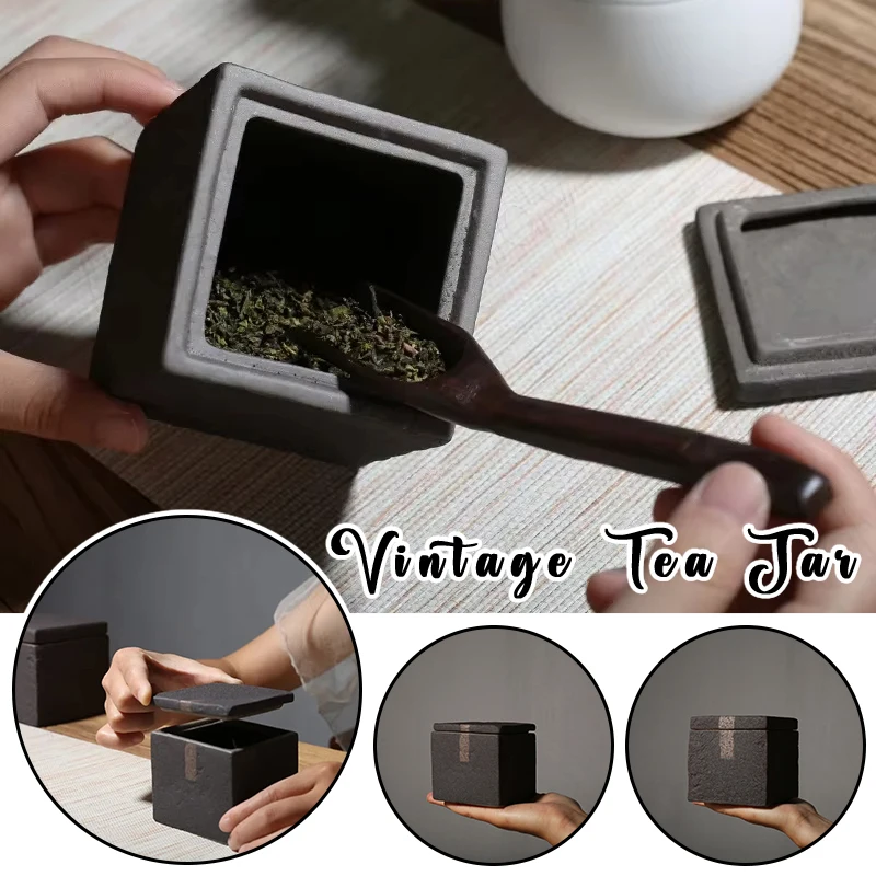 

Retro Ceramic Square Airtight Tea Jar High-end Household Jar Small Coarse Pottery Moisture-proof Tea Storage Jar