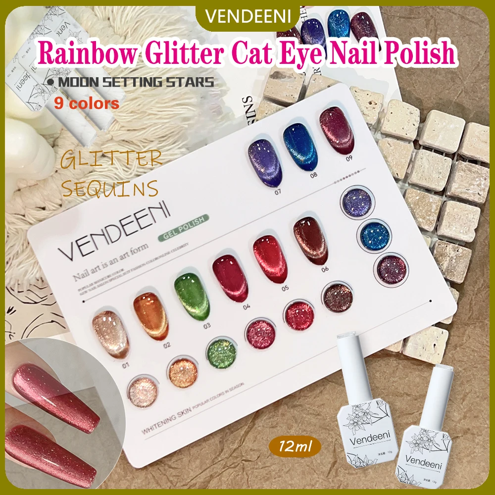 

Vendeeni 12ml Macaron Glitter Crystal Cat Eye Nail Gel Polish Soak Off UV LED Red Flash Broken Diamond Magnetic Gel Nail Varnish