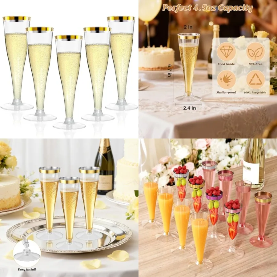 

200 Pack Champagne Flutes Plastic Wine Glasses Disposable, 4.5 Oz Mimosa Glasses for 2026 Engagement Wedding Birthday Valentine