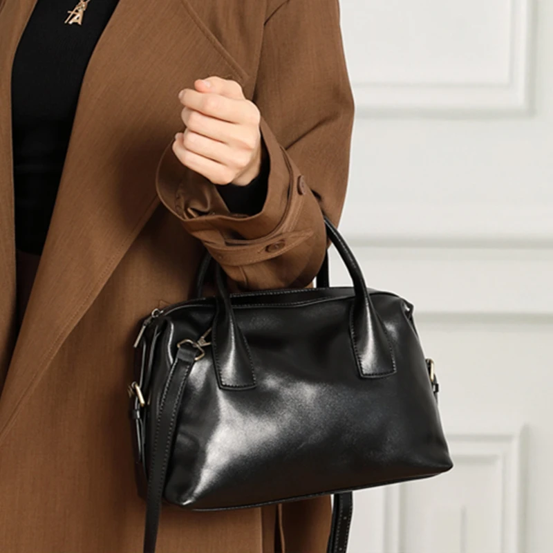 BURMINSA Genuine Cowhide Leather Handbags For Women Retro Pillow Top Handle Bags Bowling Daily Work Crossbody Shoulder Purses