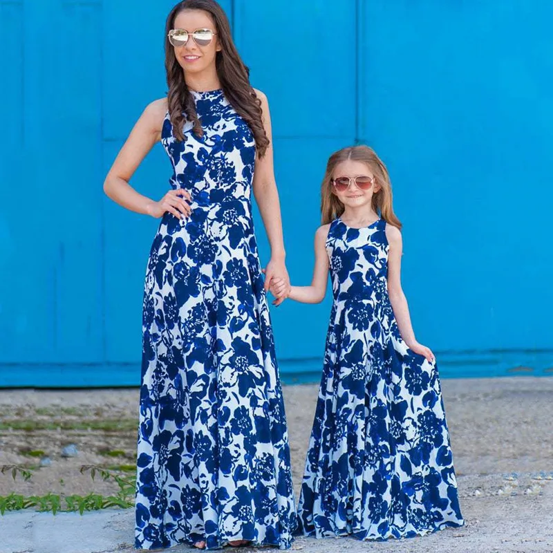 Letnia długa sukienka szlafrok damski codzienne rodzinne zestawy ubrań boho odzież dziecięca sukienka plażowa mama córka Vestidos