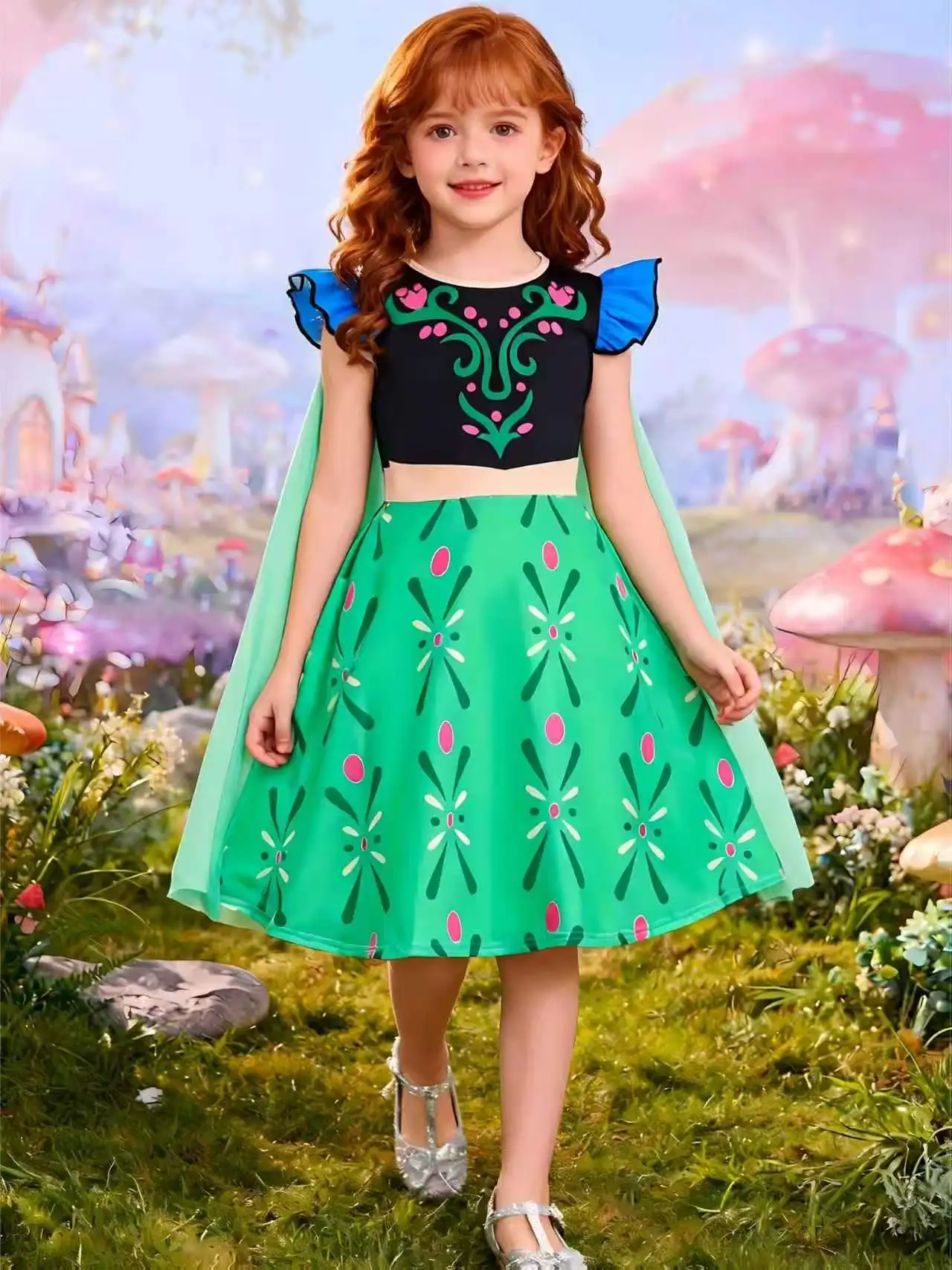 Girls' Dress with Small Flying Sleeves and Detachable Cape Design, Cute Princess Dress with Soft and Comfortable Fabric, Perfect for Everyday Party Wear, Suitable for Girls Aged 3-10