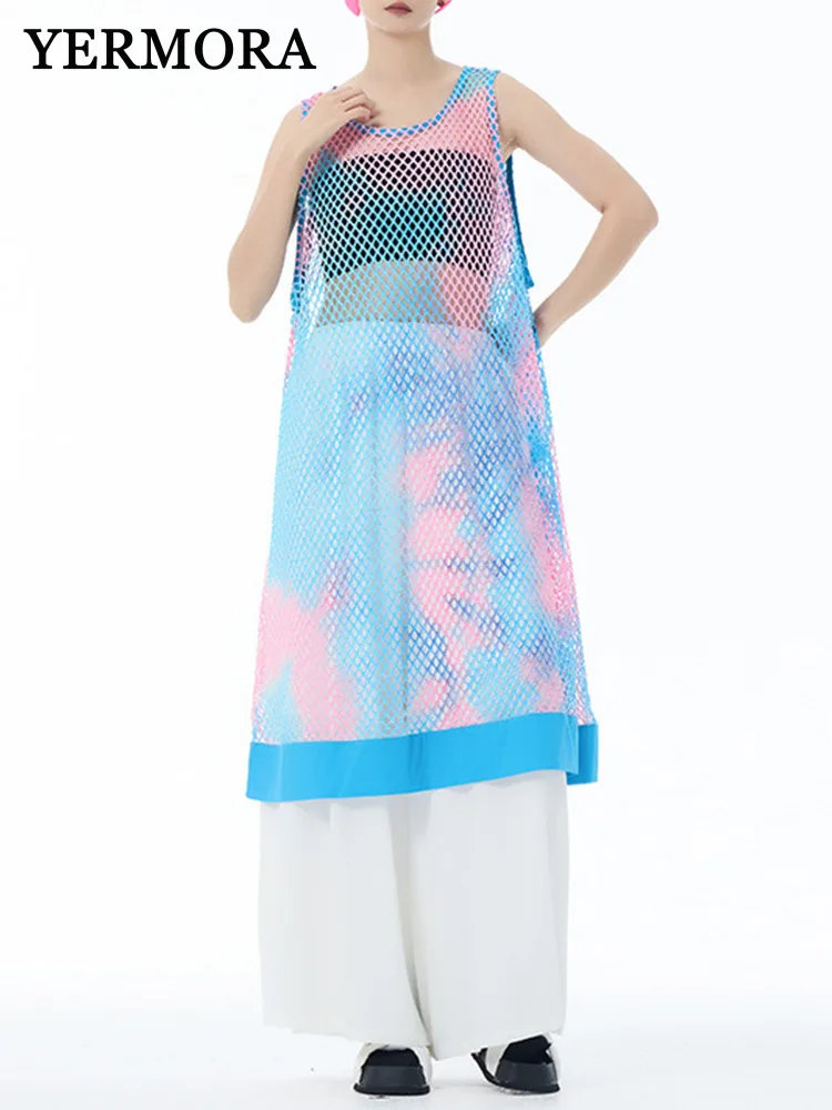 

YERMORA Women Blue Gradient Grid Perspective Casual Vest Dress O-neck Loose New Sundress Fashion Tide Spring Summer 2025 New