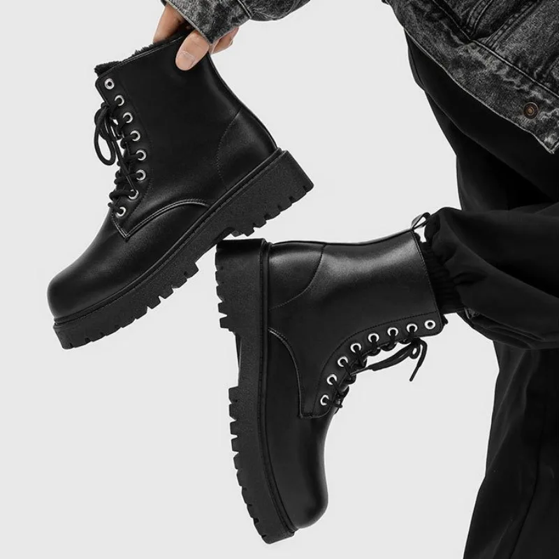 Winter Men's Boots Fashion Casual High-top Boot Trendy Street Motorcycle Boot Velvet Warm Winter Boots Black Men's Leather Boots