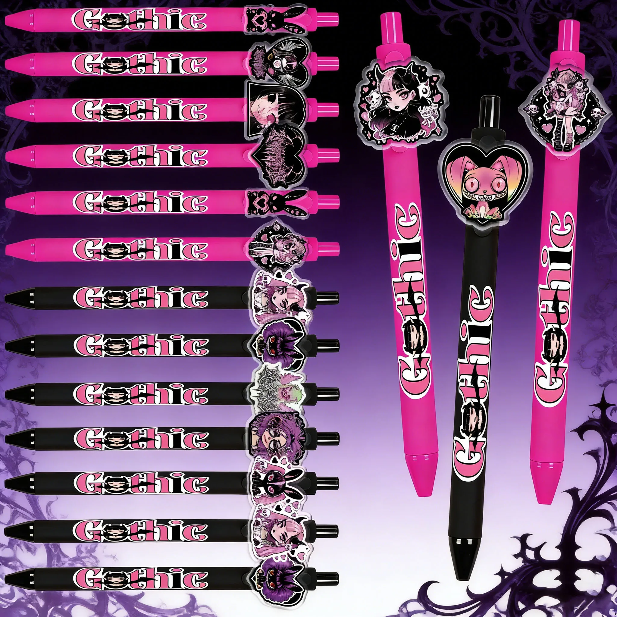 12pcs/16pcs Black Powder Gothic Element Ballpoint Pen Dark Style Student Creative Writing Pen