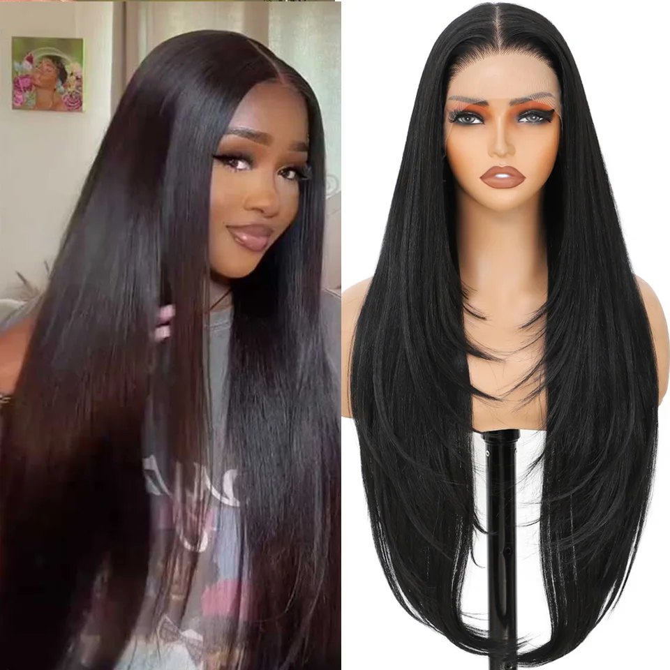 

Плотность 180%, 13x4, прямые парики спереди, 13x4, прозрачные парики спереди, натуральные черные парики из синтетических волос, парики для косплея