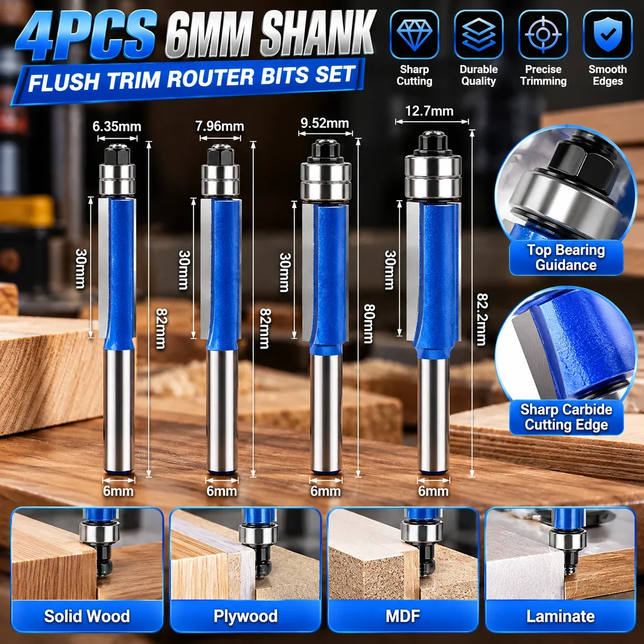 4Pcs 6mm Shank Flush Trim Router Bit Set With Bearing Template Pattern Milling Cutter For Woodworking Cabinet Furniture Trimming
