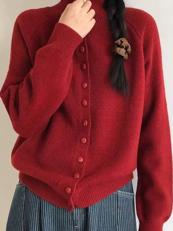 

Sli Red High Collar Knitted Sweater Coat Women's Single Button Design Autumn Winter New Sle Loose Fit Long Sve Top