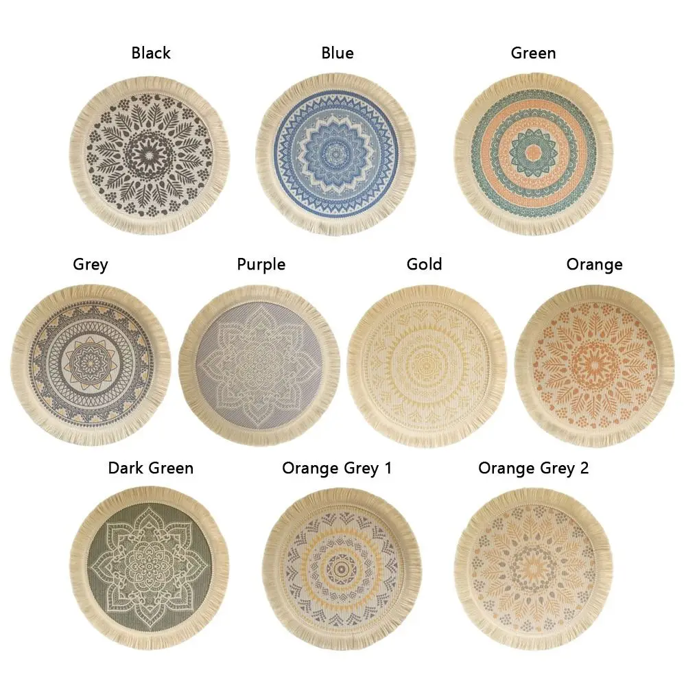 Bohemian Braided Weave Round Woven Placemats Heat Resistant Tassel Bohemian Placemat Non-Slip Jute Placemats Dining Table