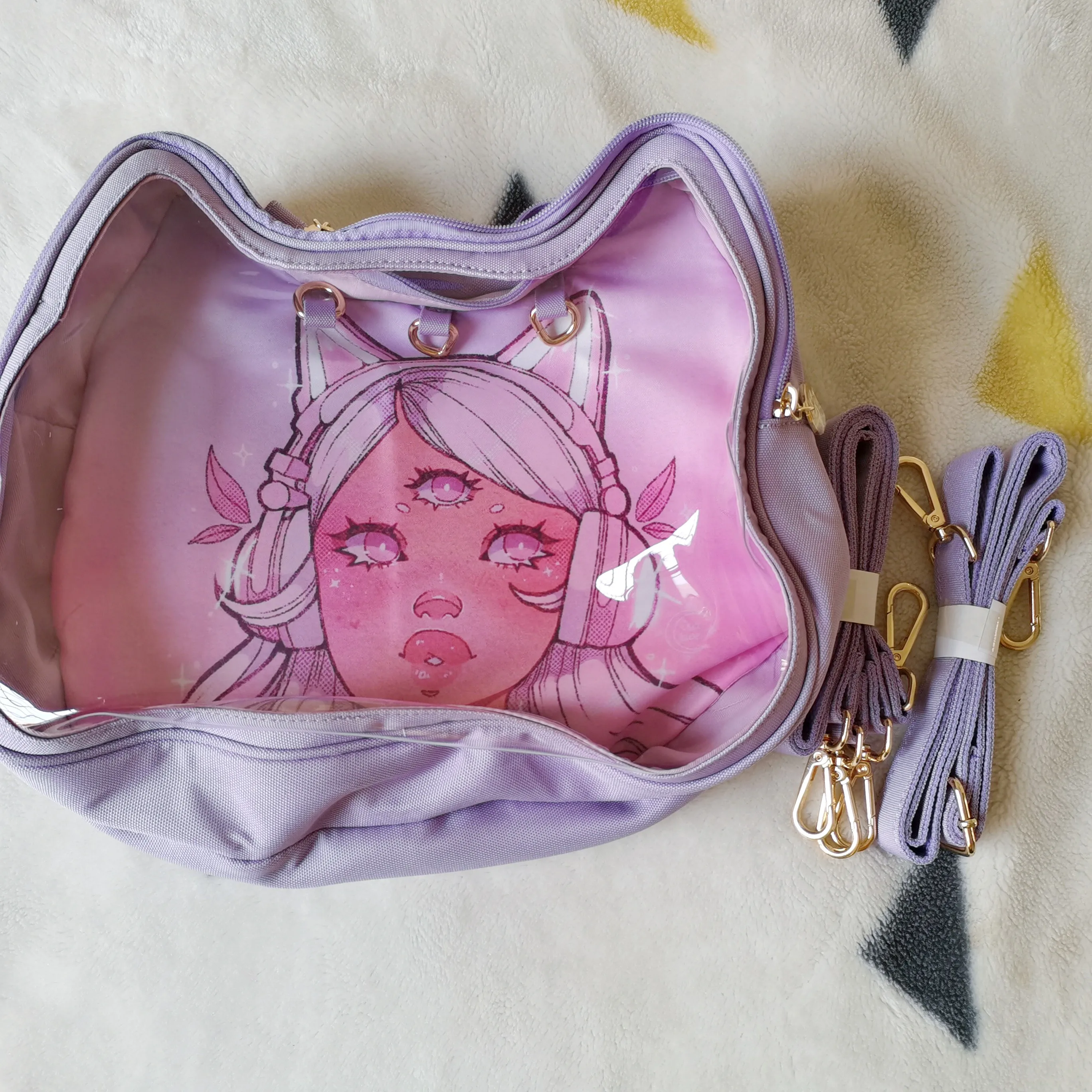 YOWU Michiko Cat Joint Cuffia Itabag Borsa per auricolare Bluetooth Borsa a tracolla viola per animazione speciale in tela trasparente per esterni
