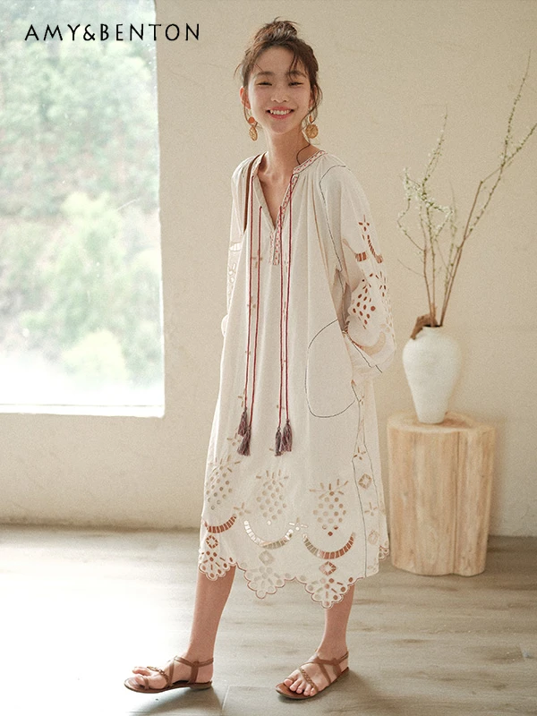 

French Elegant Sweet Cutout Embroidered Long Sleeve White Dresses Bohemian Fashion Loose Tassel Lace Mid-Length Dress for Women