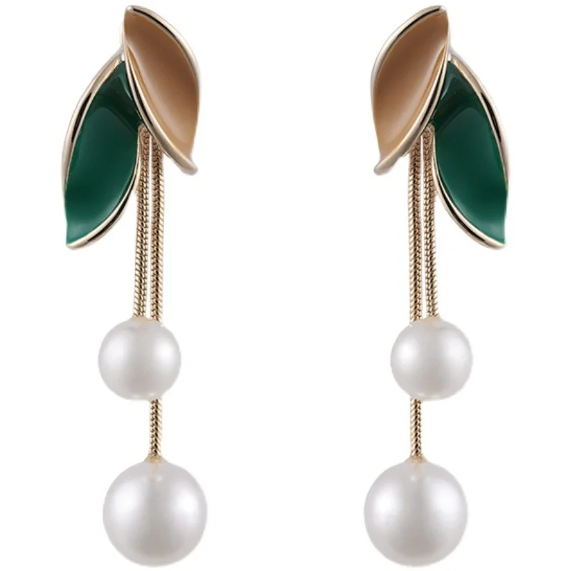 New Green Leaf Long Pearl Tassel Earrings For Women Jewelry Korean Fresh Elegant Fairy Drop Earrings Party 2023 Trending New