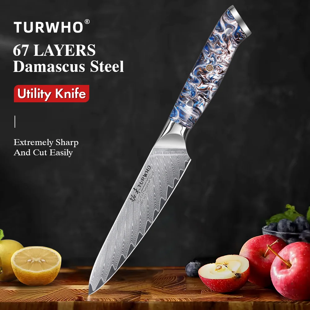 

Японский нож шеф-повара TURWHO, острый кухонный инструмент из дамасской стали, 5 дюймов, ручка из искусственной смолы, для овощей, мяса, фруктов, нарезки фруктов