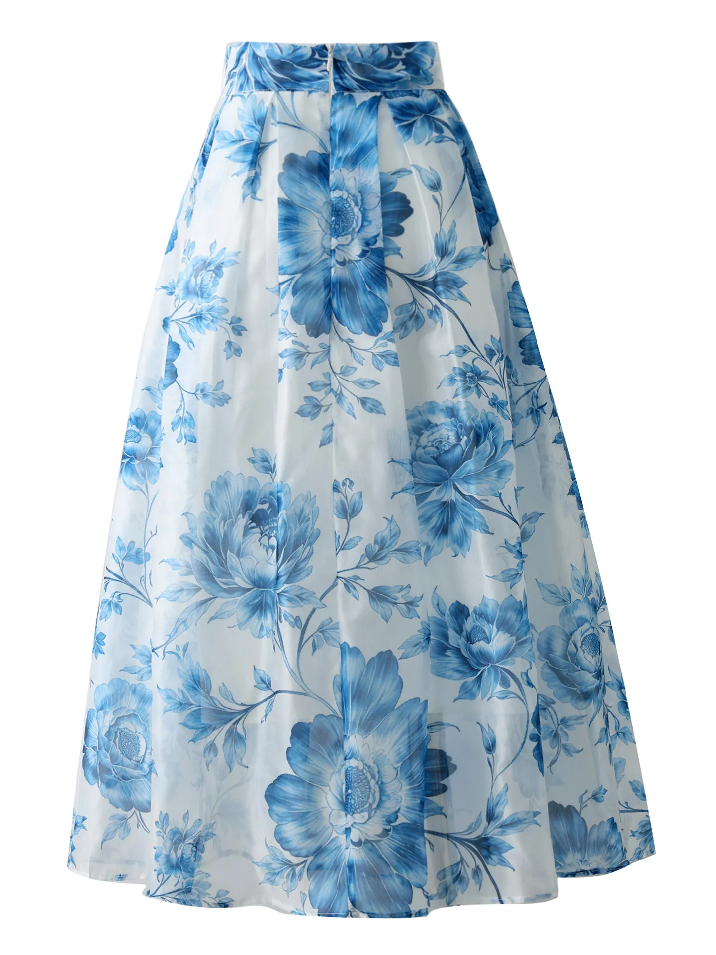 High Quality New Spring Summer Blue Flowers Printed Umbrella Skirt Elegant Lady High Waist Ultra Long A-line Skirt Bohemian