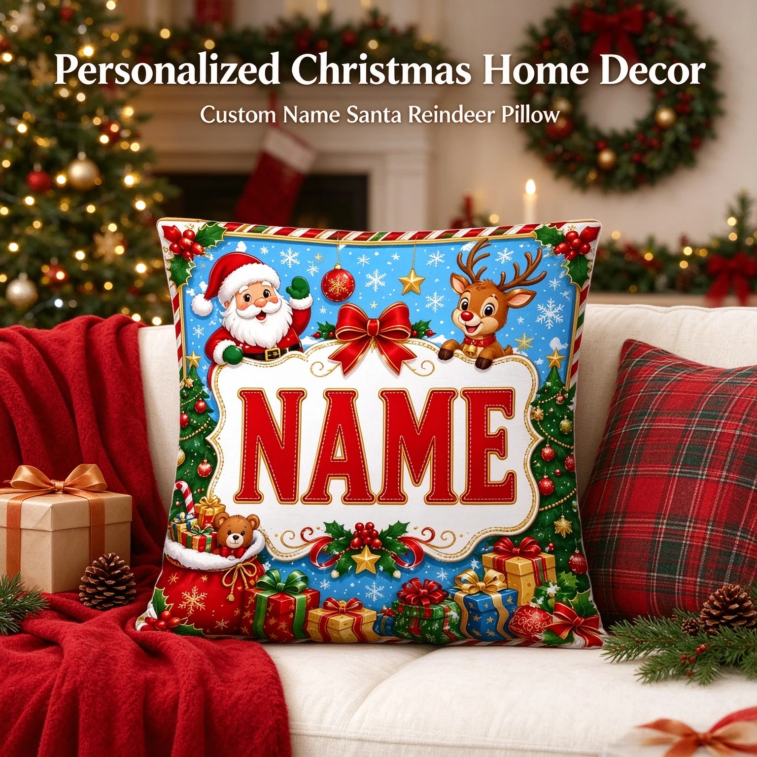 Personalized Christmas Pillow Cover Custom Name Santa Reindeer Cushion Case 18x18 Inch Kids Holiday Sofa Decor Throw Pillowcase