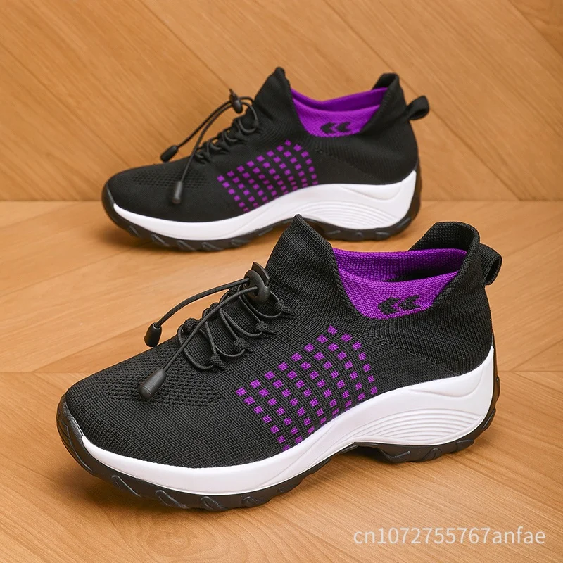 Outdoor Women Walking Shoes Breathable Fly Weaving Sneakers Non Slip Casual Shoes Fashion Jogging Sock Shoes Non-Slip Sneakers