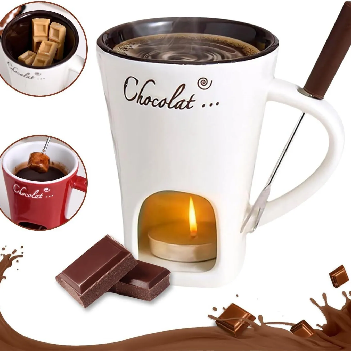 Juego de Tazas para Fondue de Chocolate, Taza para Calentar Chocolate, Queso o Café con Tenedor, Taza para Velas, Regalo de San Valentín, Vajilla