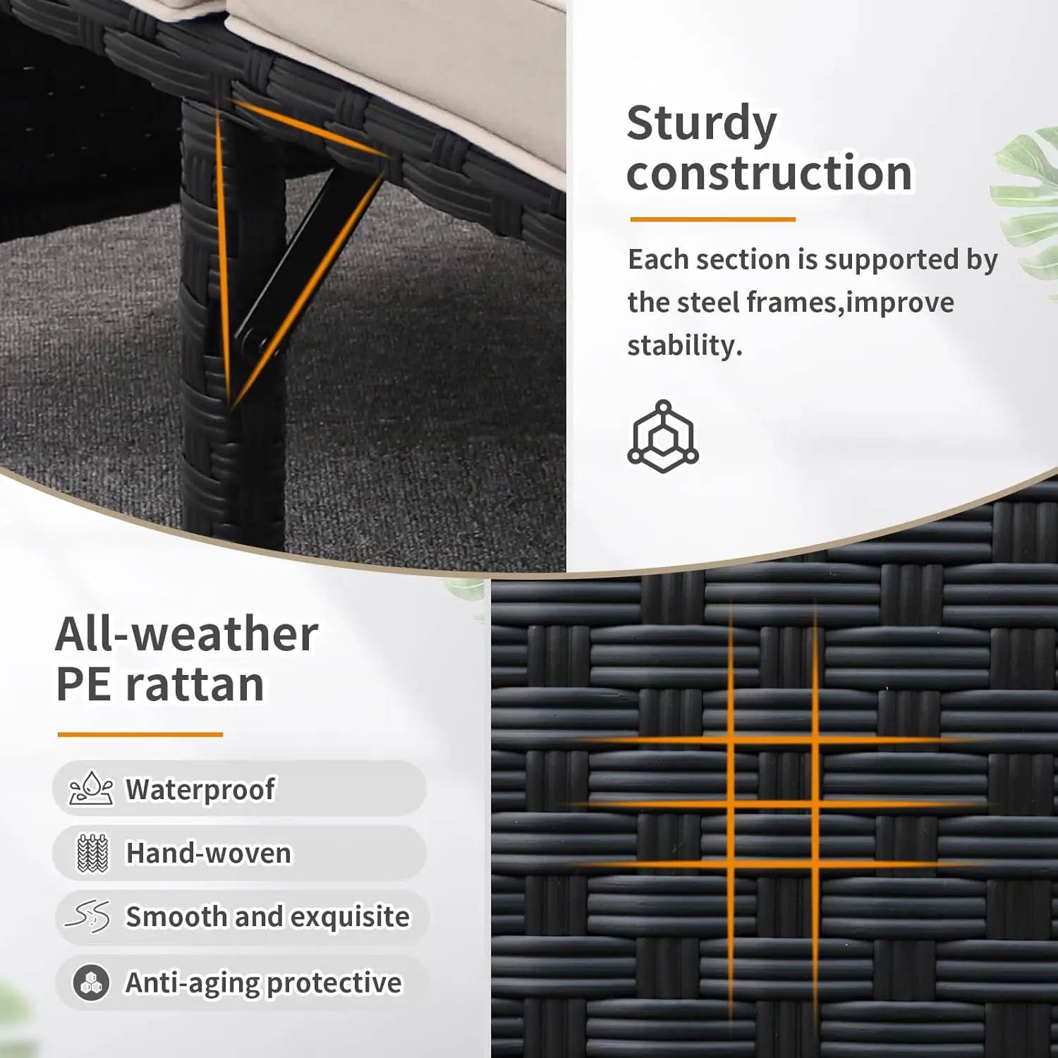 3 قطع في الهواء الطلق PE الروطان مجموعة اثاث الفناء الأسود الخوص المحادثة Loveseat أريكة الاقسام الأريكة الكاكي وسادة