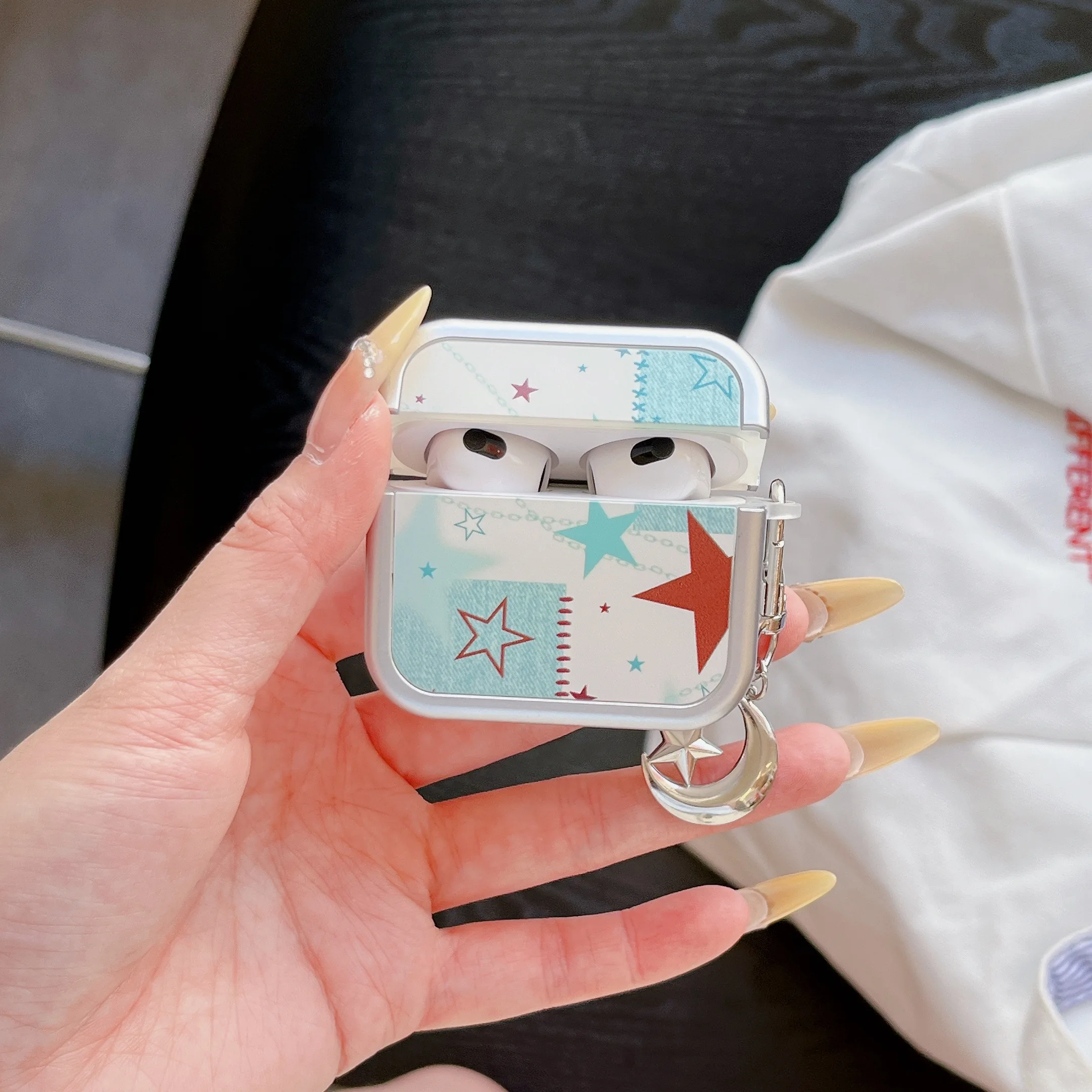 

Blue white Contrasting Colors Soft Case For Airpods Pro3 4 Star Pattern With Flower Pearl Pendant Cover For Airpods Pro2 3rd 2nd