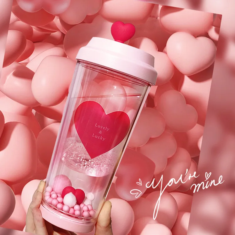 

Valentine's Day Heart Cup Thickened Sweet Direct Drinking Kawaii Girl Cup Portable Beverage Water Bottle Valentine's Day Gift