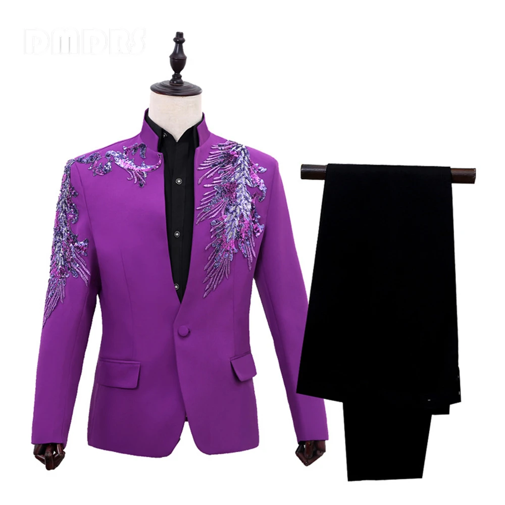 Conjunto de traje con lentejuelas y cuello tipo chal para hombre, esmoquin de 2 piezas con patrón de plumas, chaqueta, pantalones, disfraces de actuación, ropa de vestir