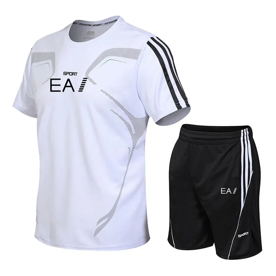 2025, Sommerkleidung für Herren, atmungsaktiv, lässig, Sportanzug, schnell trocknend, Rundhals-Kurzarm-T-Shirt + Shorts, zweiteiliges Set