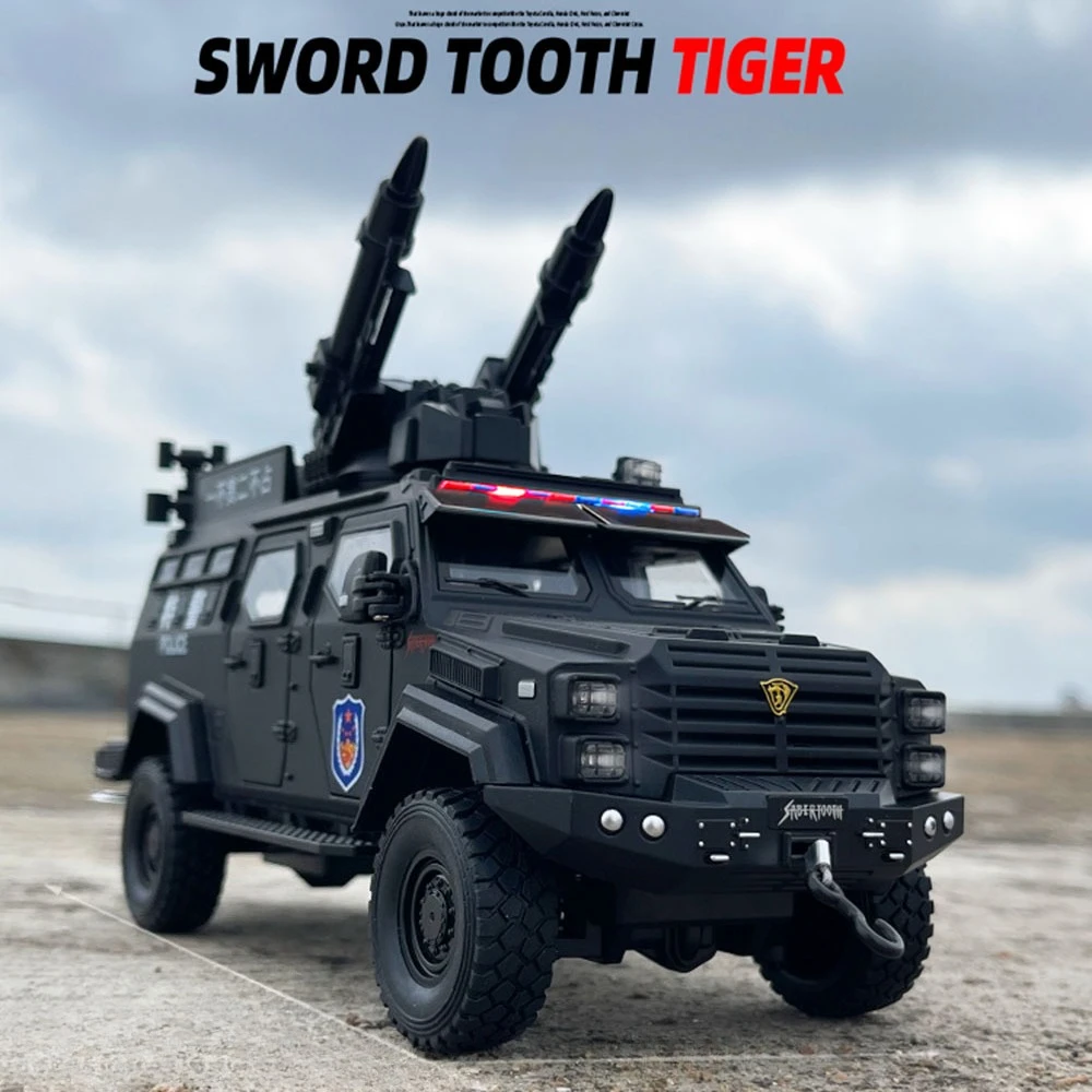 1/24 Swordtooth Tiger Police Car Toy Model Alloy Diecast Explosion Proof VehiclesDoor Opened Sound Light Pull Back Toys for Kids