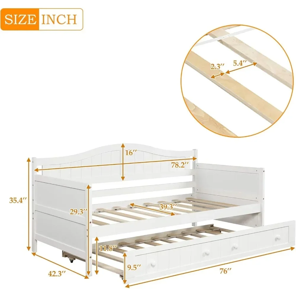 Wood Daybed Twin with Trundle, Twin Size Daybed Frame Sofa Bed with Trundle/Twin Bed Frame, No Box Spring Needed