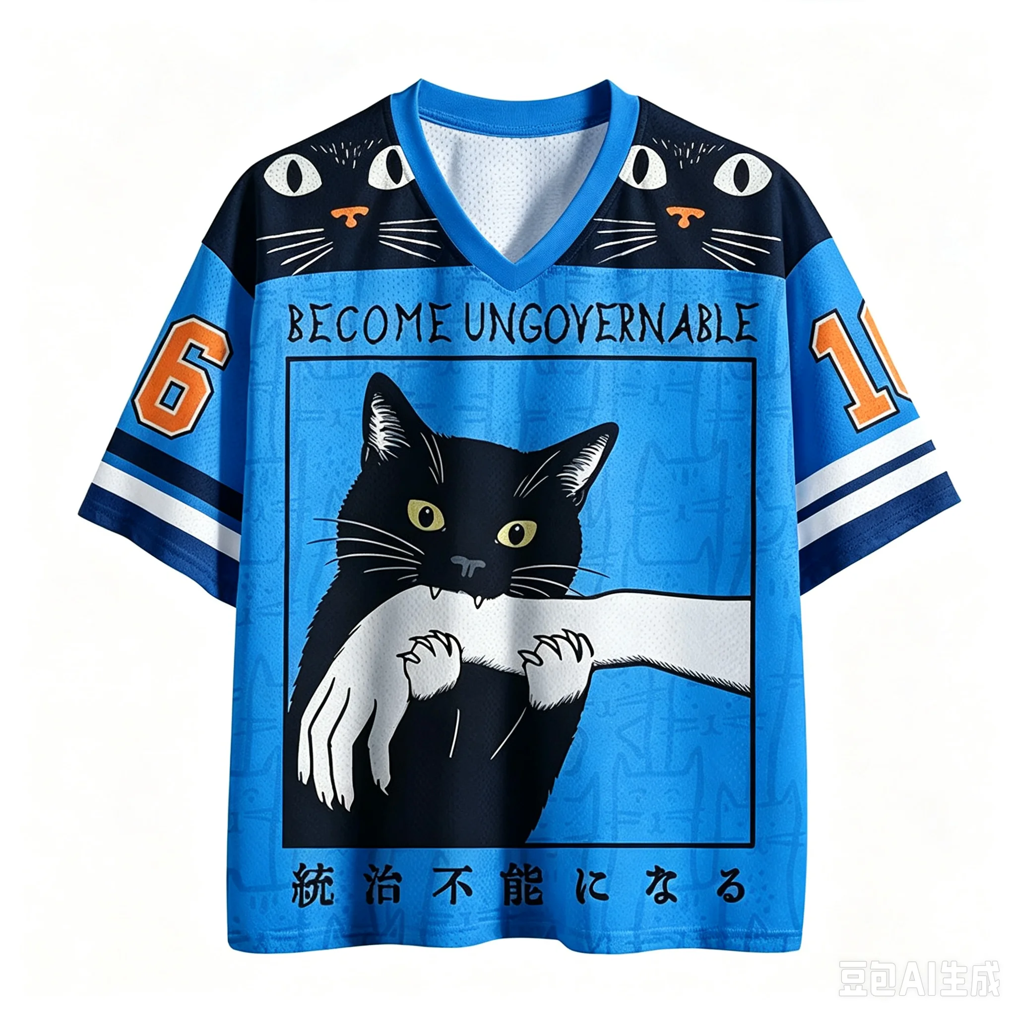 Erwachsenen- und Kinder-Version des 3D-gedruckten Sport-T-Shirts „Rebellious Black Cat“ mit dem Vintage-Bestseller-Design „Uncontrollable“ und V-Ausschnitt und kurzen Ärmeln – Detail 5