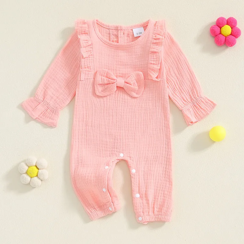 RUEWEY Newborn Baby Girl Bow Romper Spring Autumn Clothes Solid Color Long Sleeve Jumpsuits Infant Toddler Cute Baby Clothing