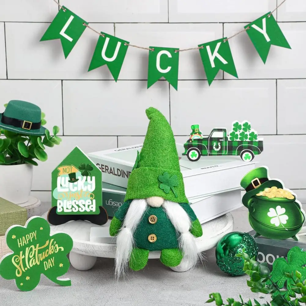 Wooden Tiered Tray Set St Patricks Day Rustic Wood Green Lucky Grass Sign Gnome Doll Tray Ornament Irish Festival Party Counter