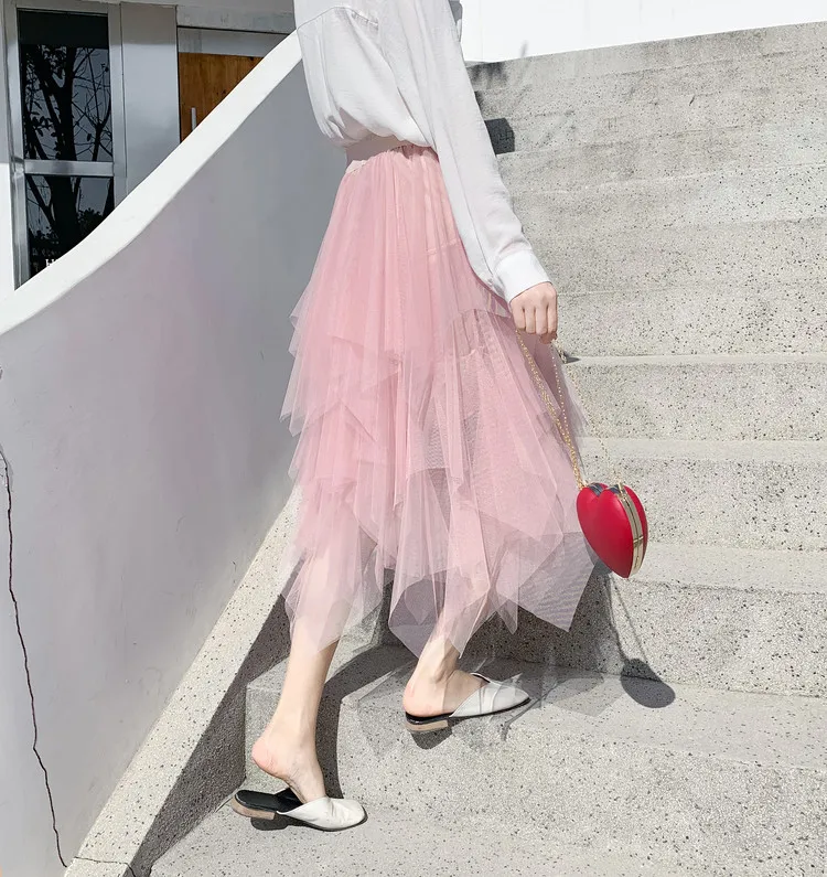 Purchase Korean version irregular mesh skirt for women's mid length, spring new product, high waisted versatile slimming skirt