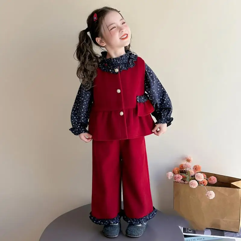 Spring Autumn new girls vest floral doll shirt straight leg pants set girls vest shirt wide leg pants stylish three piece set