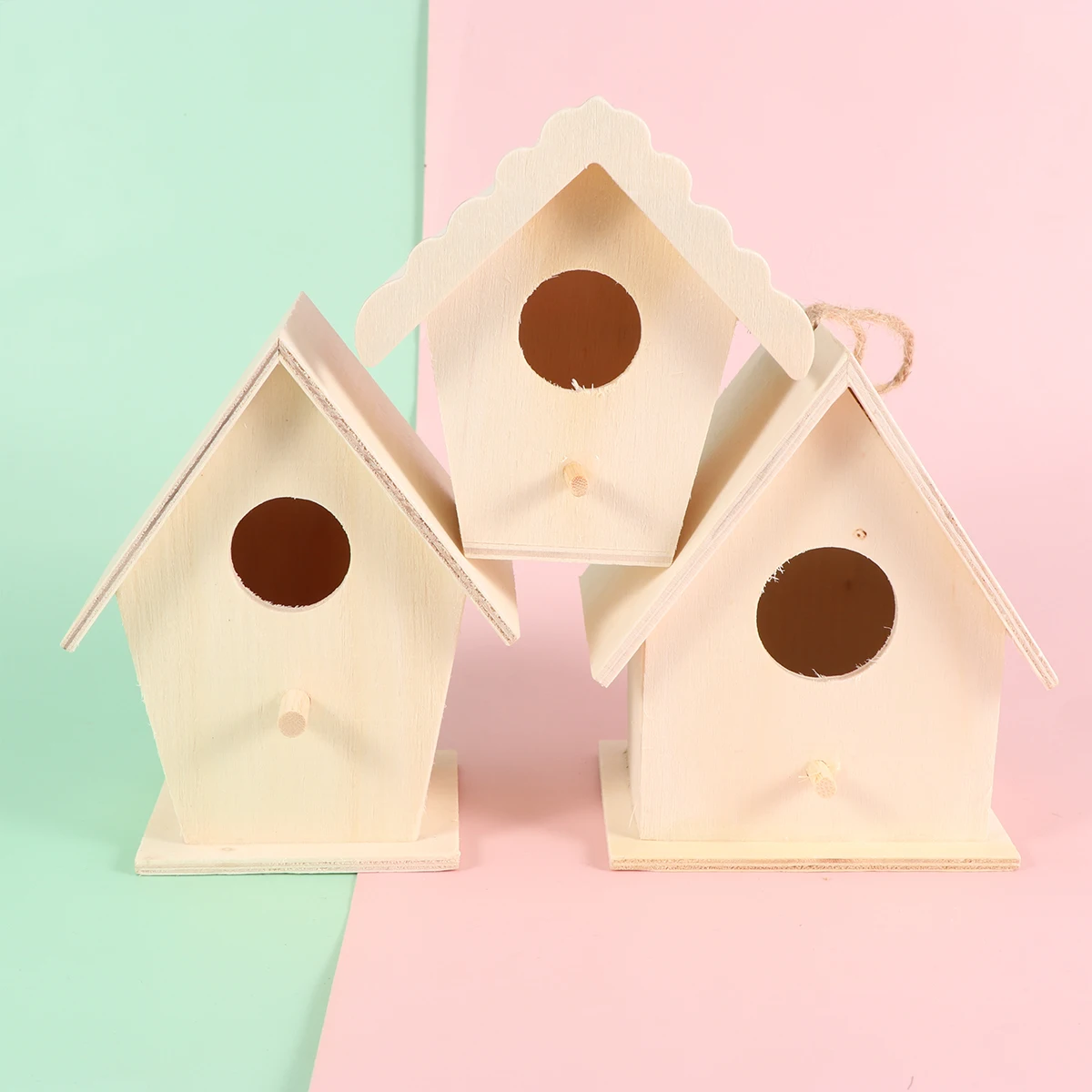 

Wooden Bird Nest DIY Unfinished Craft Kids Educational Toys Painting Small House Flat Bottom Home Office Ornament Thick Rope