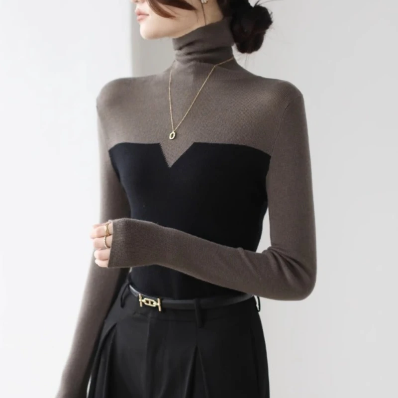 Women Pullovers Panelled Long Sleeve Slim Autumn Breathable All-match Fashion Turtleneck Soft Korean Style Elastic Smooth Tight