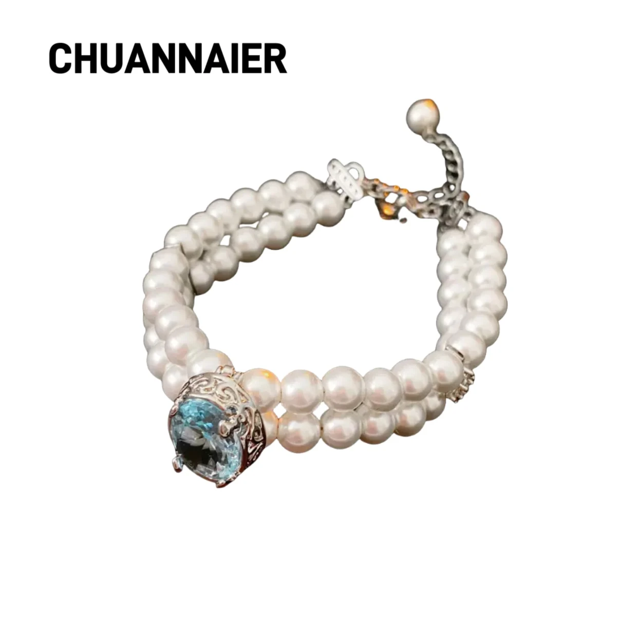 

French Zircon Double Pearl Blue Necklace Court Style Elegant and Luxurious Collar Chain Elegant and Enchanting Necklace