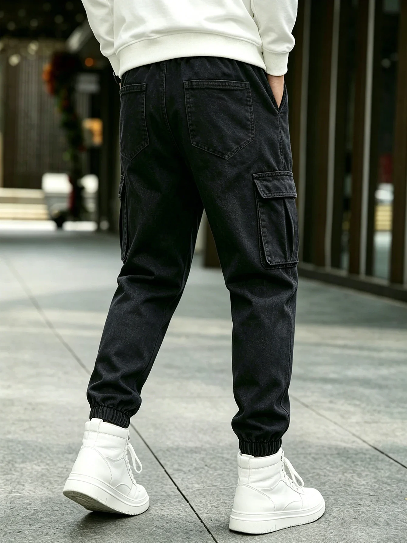 Men Black Washed Denim Look Cargo Pants Drawstring Waist Multi Side Pockets Elastic Cuff Jogger Trousers Streetwear 60% Cotton