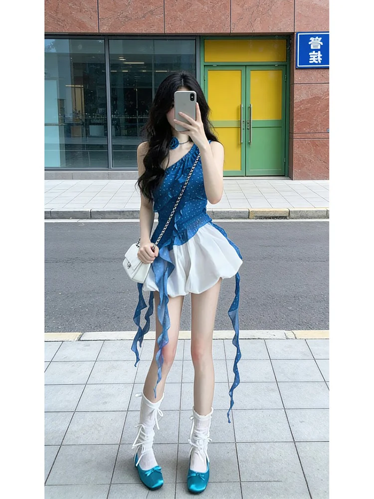 Dopamine Klein Blue Irregular Shoulder Strap Vest Women's Summer Slim Fit Hot Girl Style Commute Wind Outerwear Polyester Fiber