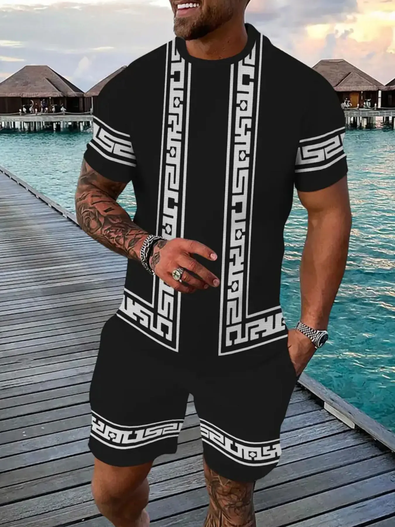 

Summer Men's Plus Size Loose T-Shirt Drawstring Shorts 2 Casual 3D Printed Crew Neck Short Sleeve T-Shirt Beach Shorts