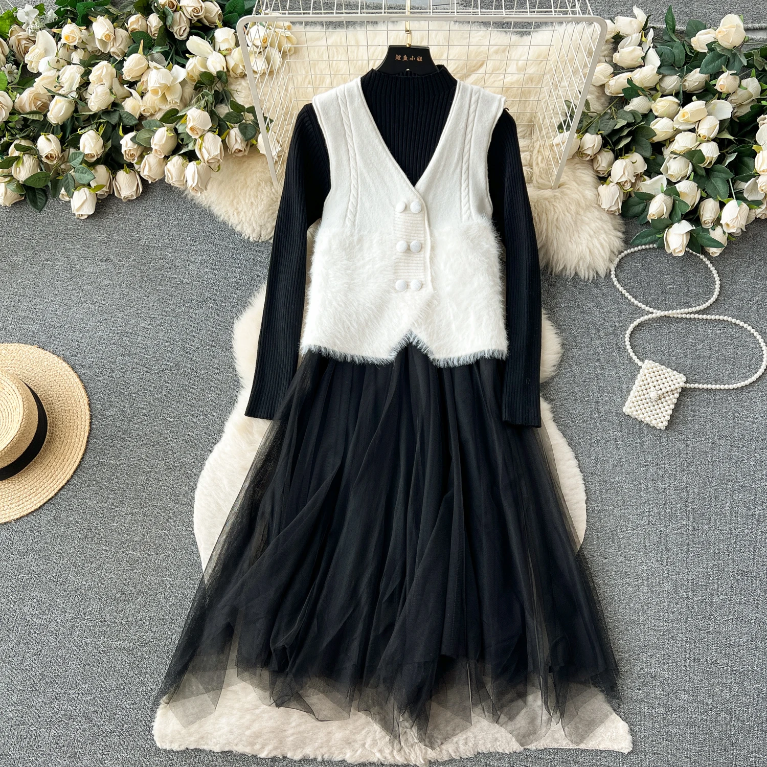 Women Vintage Fashion Knit Two Pieces Skirt Sets Women V Neck Sleeveless Vest with High Waist Mesh Patchwork Knit A-line Dress