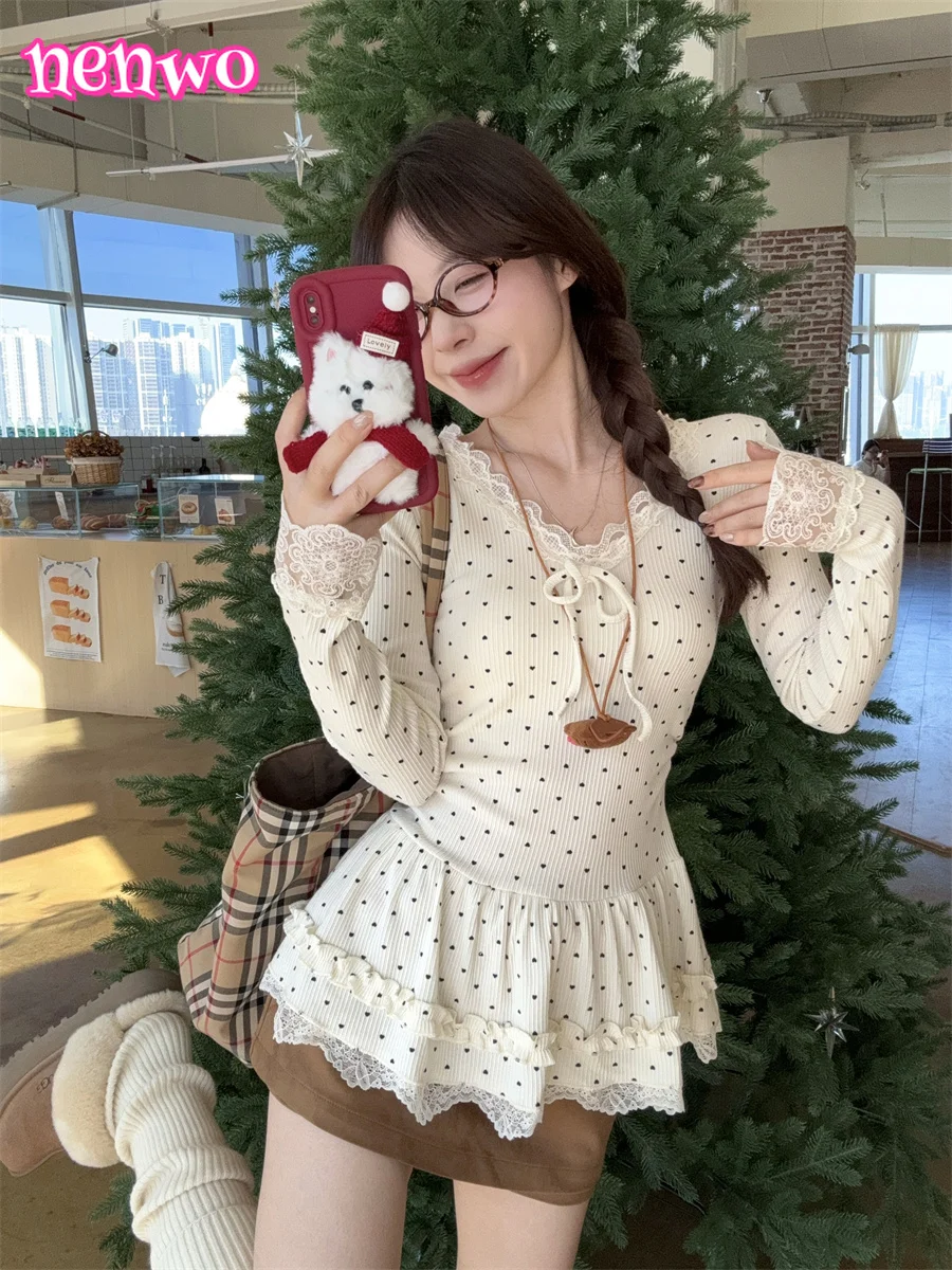 

Sweet Soft Girl Waist-Cinching Lace Cuff Lace Trim Polka Dot Base Shirt for Women Autumn Winter Korean Style Bowknot Inner Top