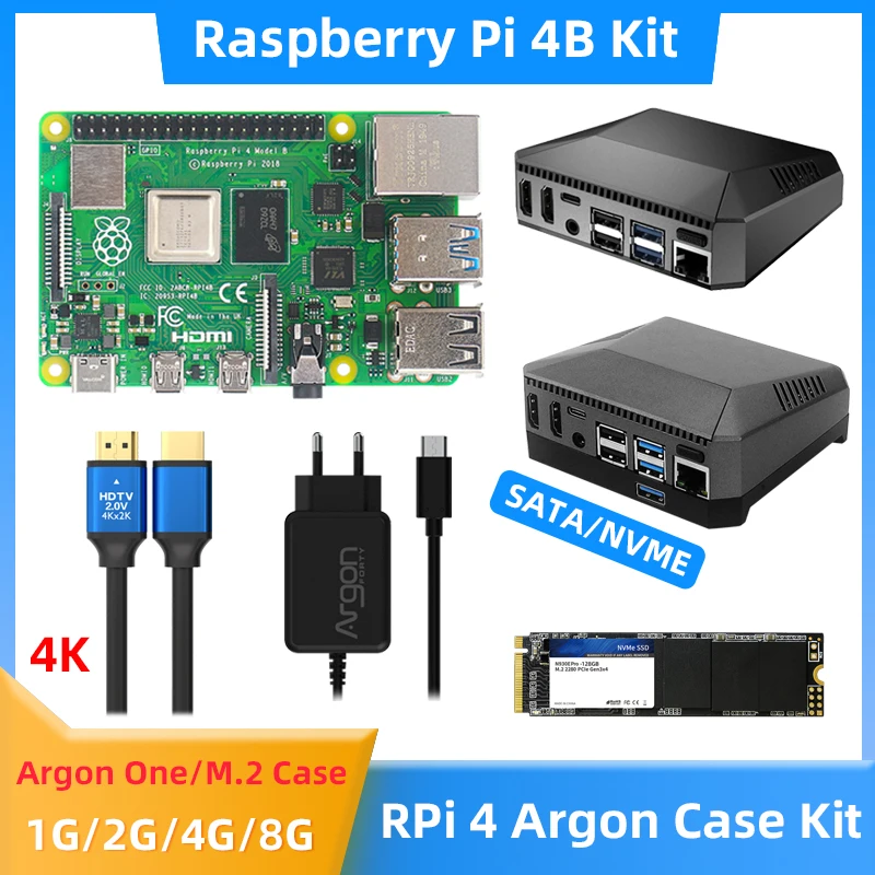 

Raspberry Pi 4 Argon One, алюминиевая фотовспышка, дополнительно SATA NVME SSD M.2, кабель 4K HDMI, совместимый с RPI 4B, источник питания 18 Вт