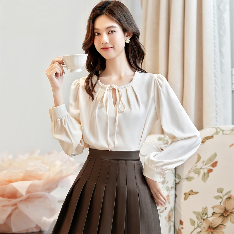 Camicetta da donna Camicia Nuova manica lunga O-Collo Elegante pizzo con perline Camicetta Camicia Donna Top Camicette Camicie Blusas Camisas Q1350