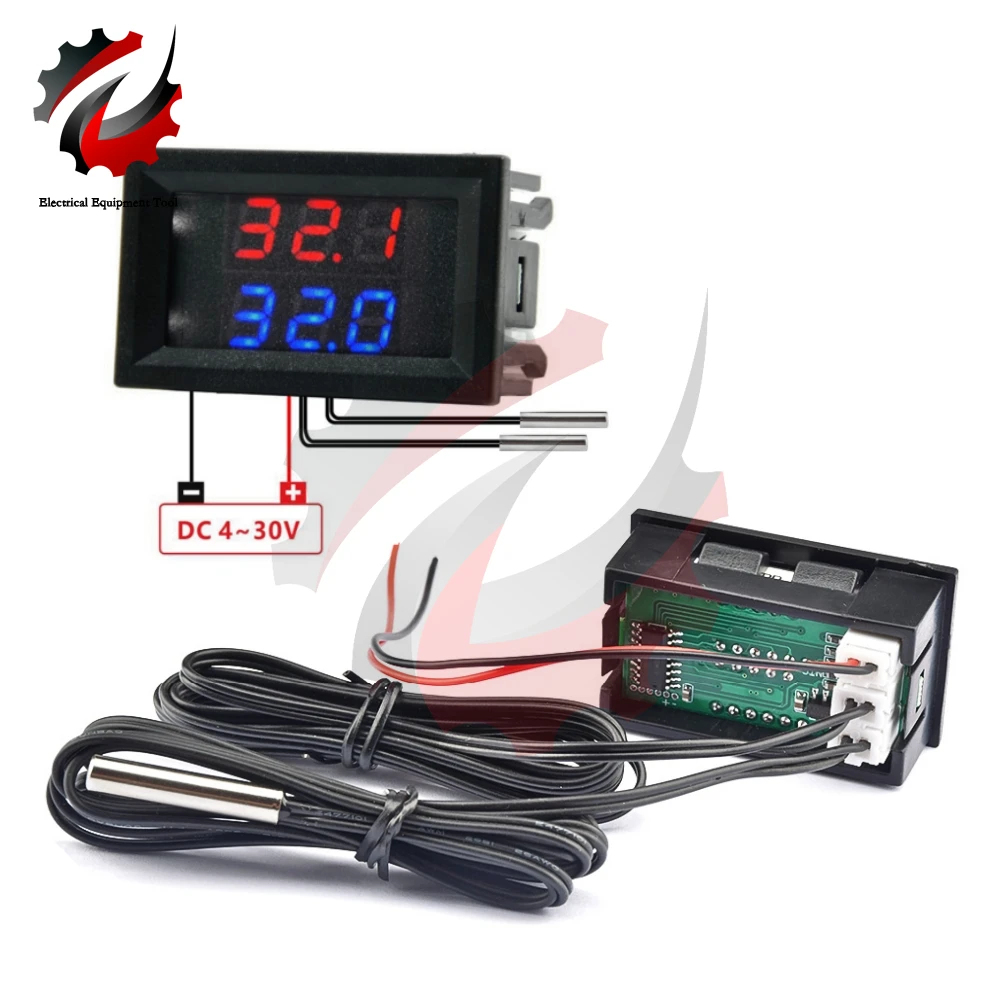 DC 4-28V LED Display Dual Red Blue Digital Temperature Sensor Thermometer Temp Tester Gauge With 1M NTC Dual Probe Cable