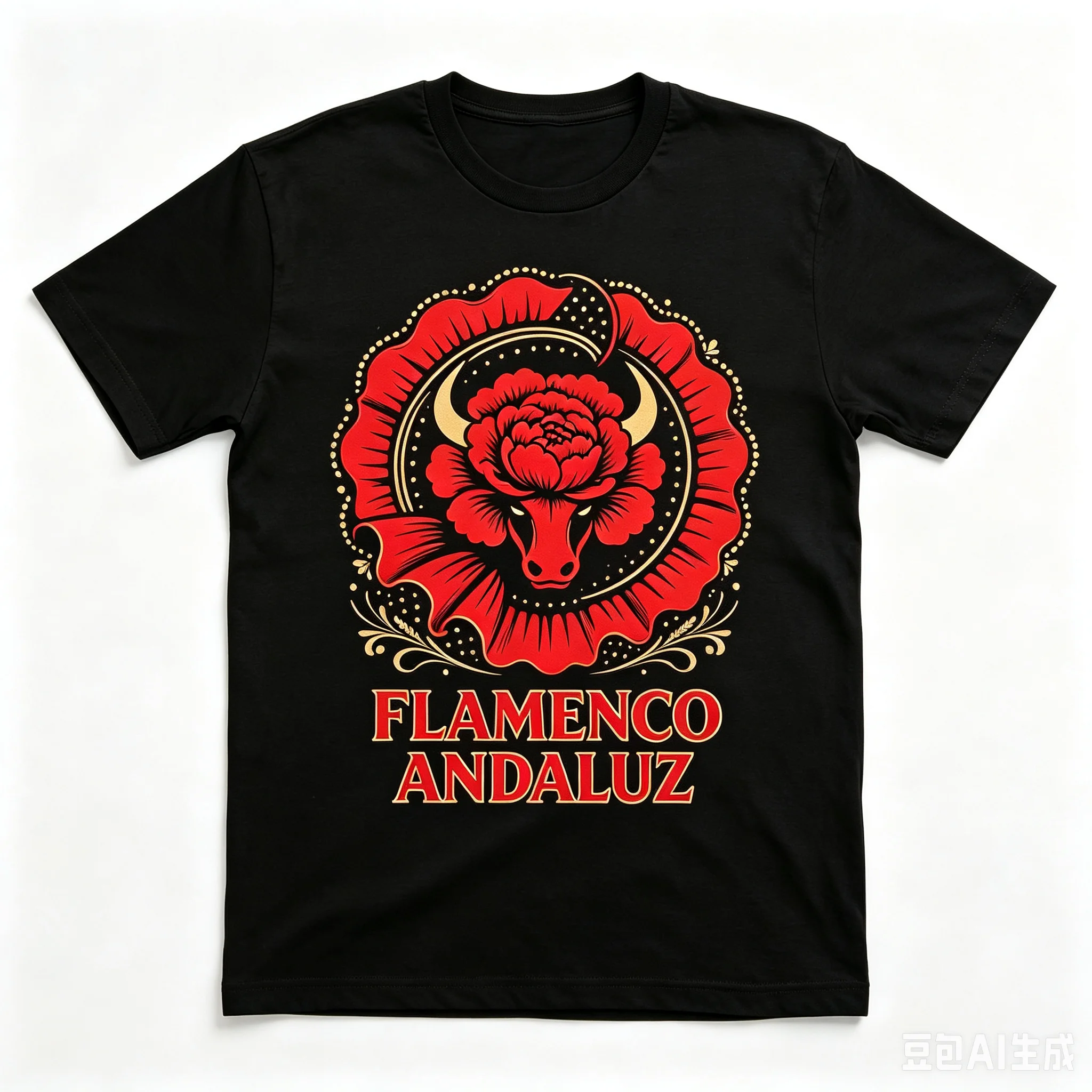Camiseta Flamenco Andaluz con estampado abstracto de claveles rojos y toros, camiseta informal de manga corta con motivos de la cultura folclórica española