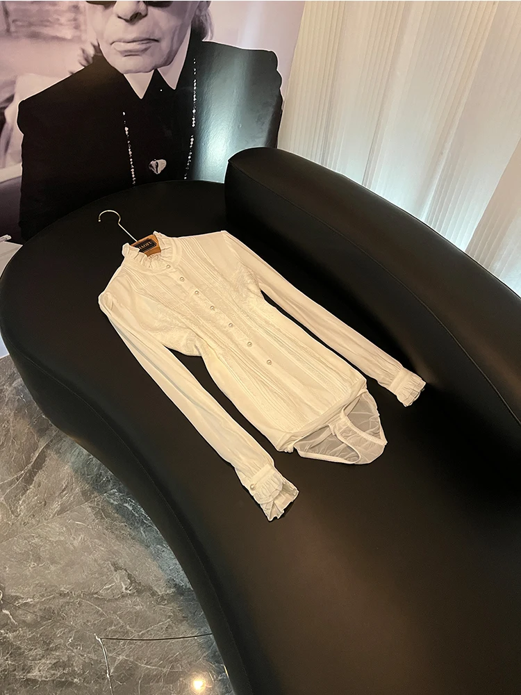 

Spring Commute Style Women's Pure Color Lace Collar Long Sleeve Onesie Shirt Elegant Simple Design Comfortable Fit Casual Wear