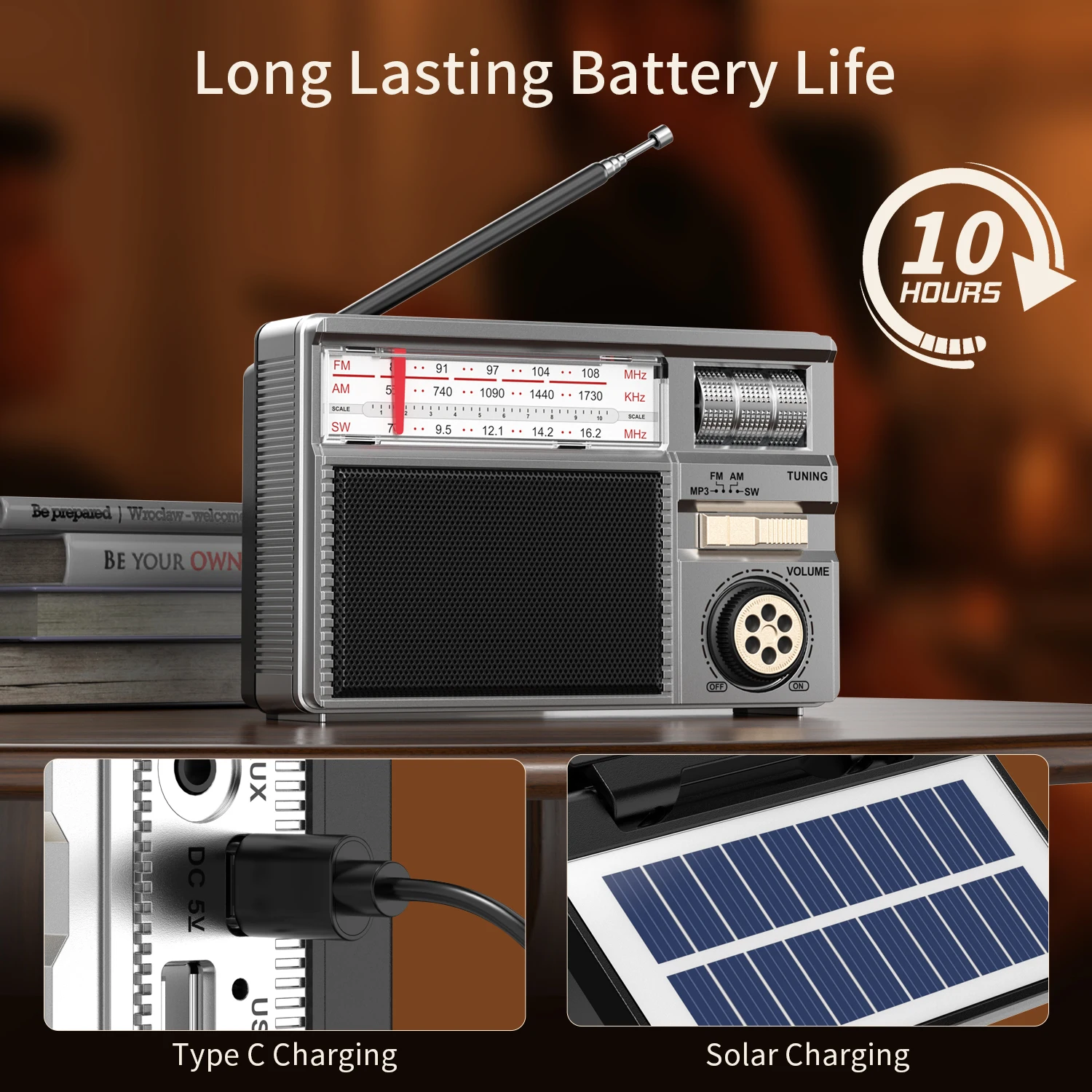 Retro All-Band Radio with Wireless Audio Connectivity, Solar & Multi-Mode Charging, Long-Lasting Battery & Multiple Play Modes