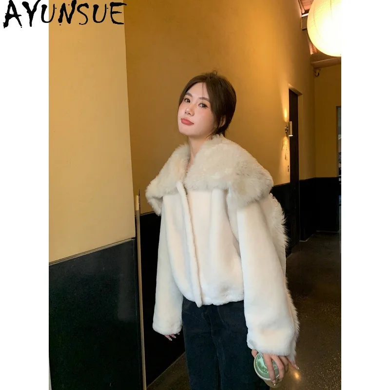 AYUNSUE, chaquetas de piel auténtica para mujer, abrigos de piel de oveja merina con cuello náutico toscano, prendas de abrigo cortas cálidas para invierno, ropa para mujer, Casaco