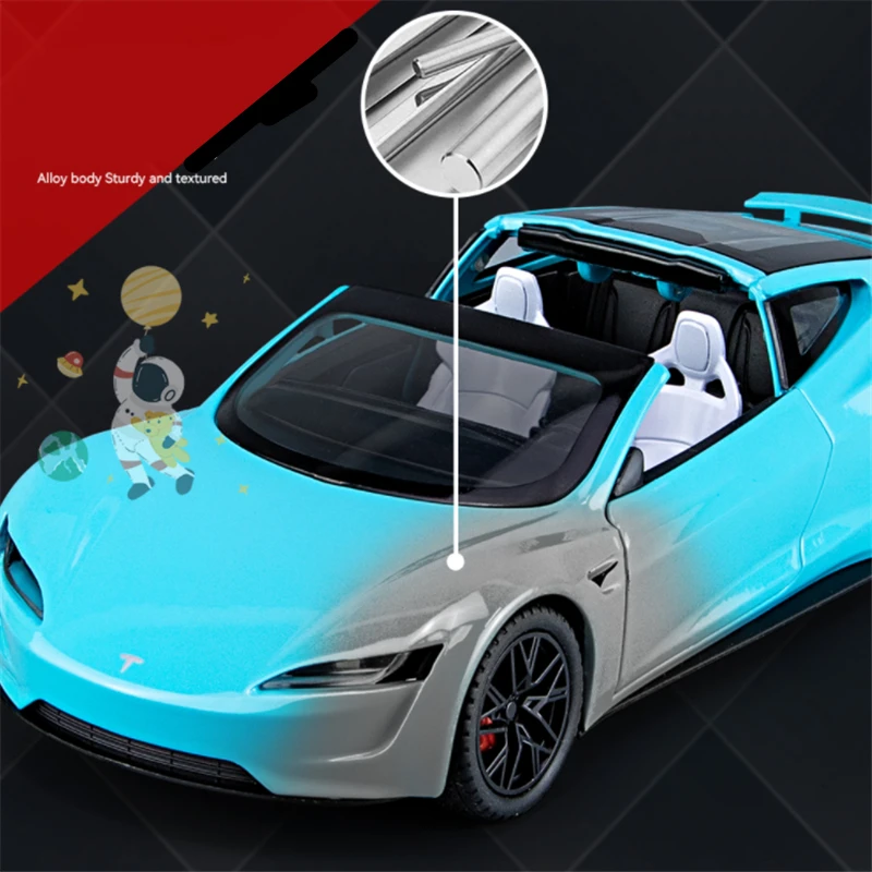 Tesla Roadster Super Car modelo de coche de aleación, volante, luz de sonido, coleccionables, juguete, regalo de cumpleaños, 1:24