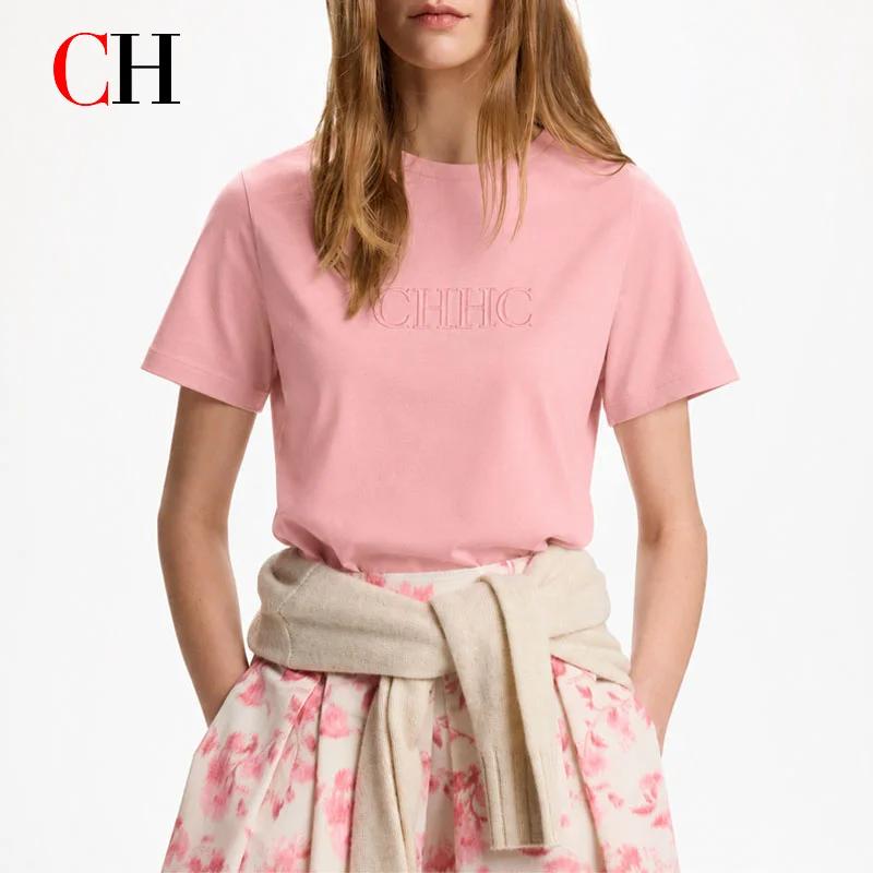 CH Women's Pink Cotton T-Shirt Embroidered Letter Short Sleeve Casual Summer Basic Top